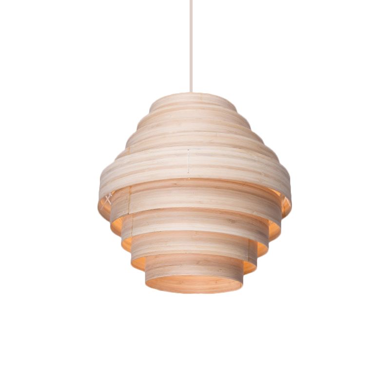 Modern Tiered Suspension Pendant Wooden 1-Light Living Room Hanging Ceiling Light in Natural Wood