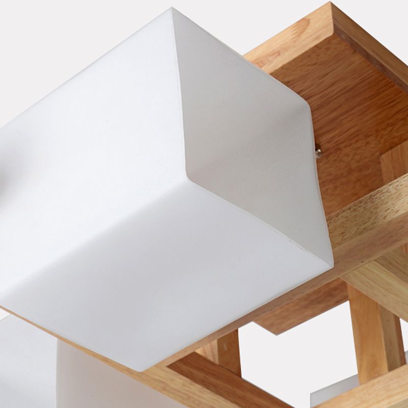 Plafonnier géométrique en bois semi-encastré artistique moderne avec abat-jour en verre blanc