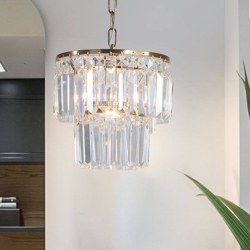 2-Layered Round Dining Room Pendant Light Countryside Crystal Block 1 Head Gold Finish Ceiling Hang Fixture
