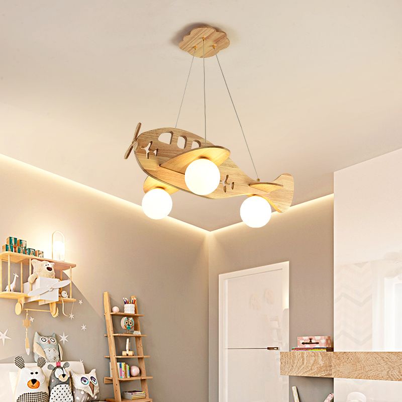 Modern Artistic Airplane Chandelier Wooden Indoor Hanging Lamp with White Glass Shade