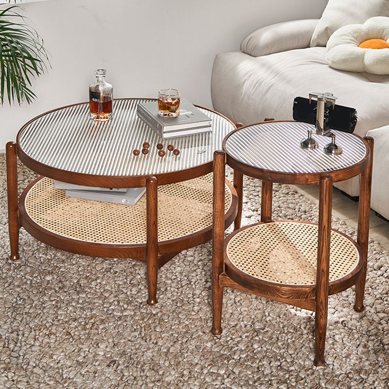 Tropical Round Cocktail Table Glass Top Coffee Cocktail Table with Storage