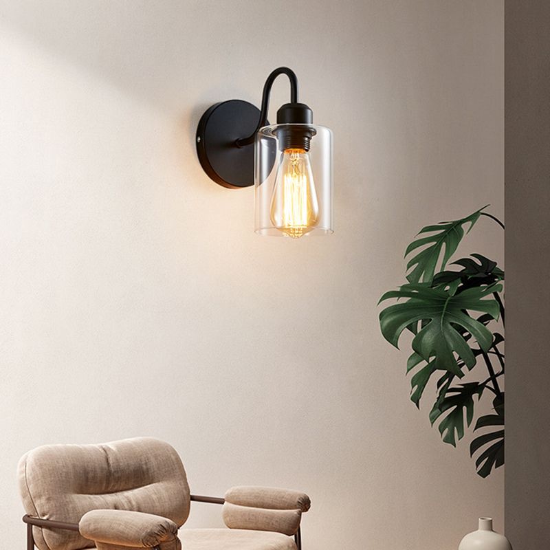 Metal Armed Wall Sconce Single Light Wall Lamp with Cylinder Glass Shade for Bedroom