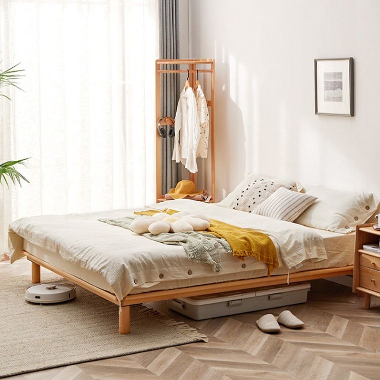 Solid Wood Platform Bed Scandinavian Low Profile Bed Frame in Brown