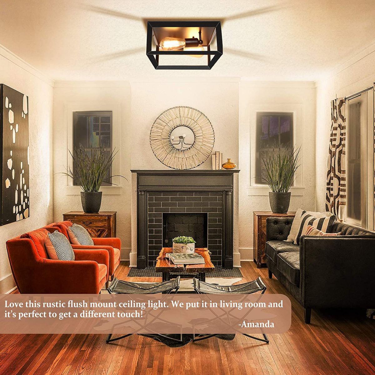 11.8" Wide Industrial Style Ceiling Light Fixture Black Wrought Iron Square Frame 2-Lights Flush Mount Lamp for Cafe Shop