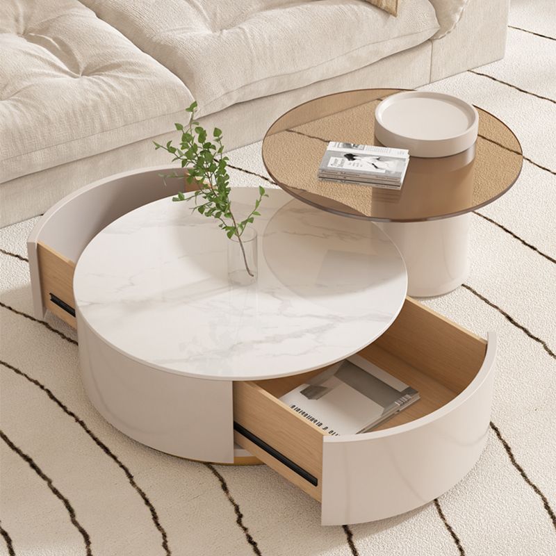 Drum Coffee Table Round Slate Top Cocktail Table with 2 Storage Drawers