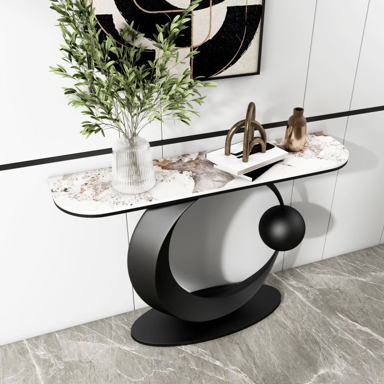 Half Moon Contemporary Console Accent Table Antique Finish Console Sofa Table in Stone