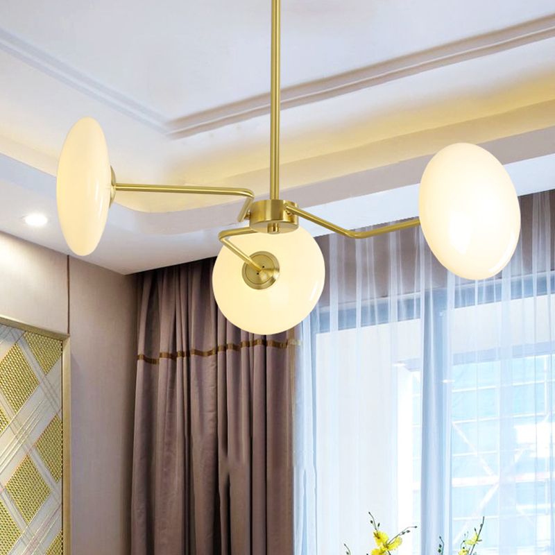 Gold Circular Ceiling Chandelier Contemporary 3 Heads Opal Glass Hanging Pendant Light