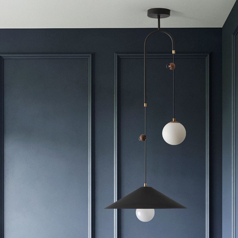 Orb Opal Glass Multi Light Pendant Modernism 2 Bulbs White/Black Pendulum Lamp with 1-Cone Iron Shade, 10"/14" Wide