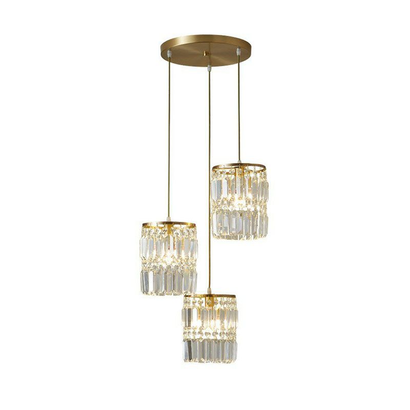 Cilinder kristalprisma's Multi-licht hanger Postmoderne 3-head goudhangende lampkit
