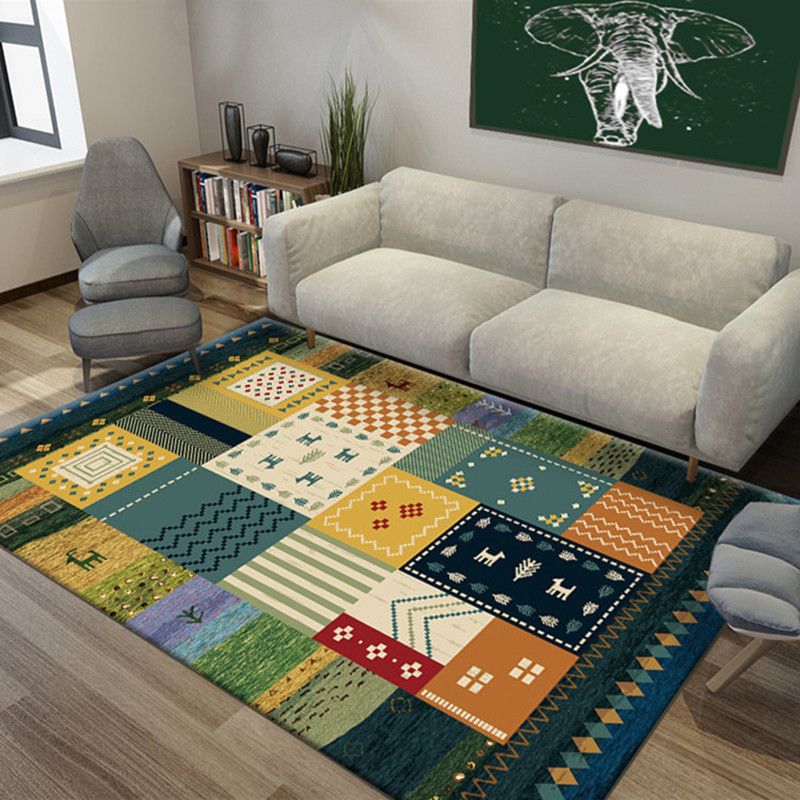 Multi Color Bohemian Rug Polypropylene Colorblock Tribal Print Rug Machine Washable Anti-Slip Backing Stain Resistant Carpet for Sitting Room