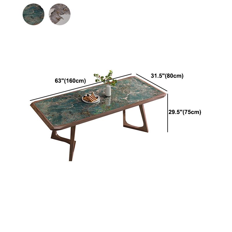 Modern Brown Finish Legs Dining Site Table Stone Top Double Pedestal Table