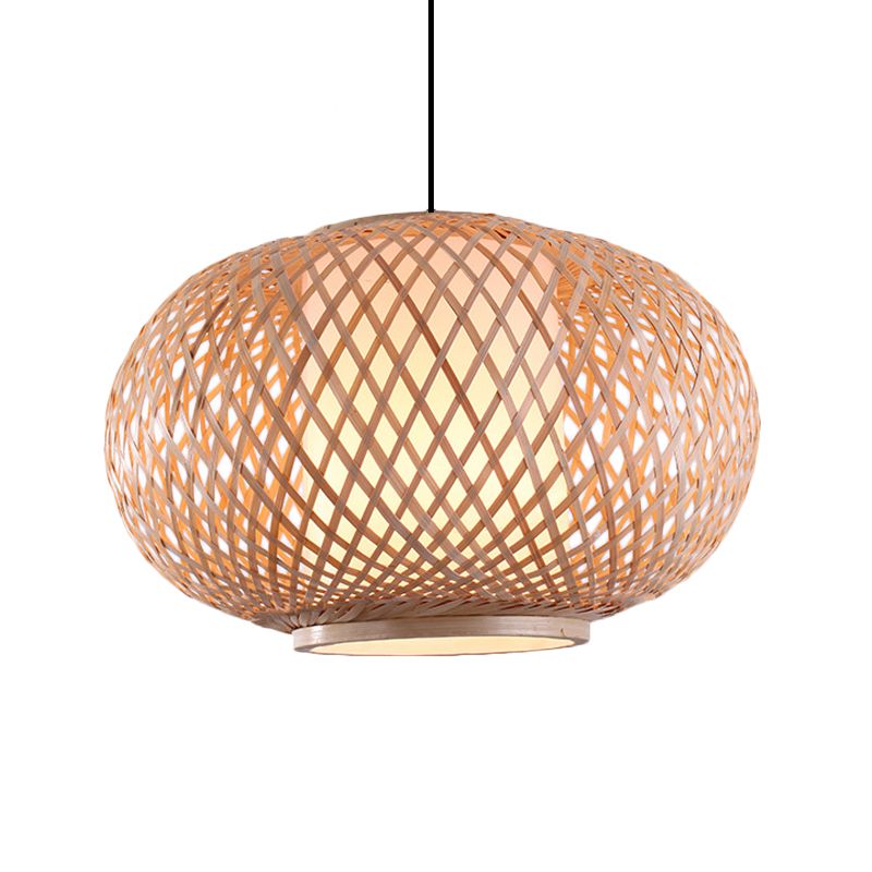 Curved Drum Restaurant Ceiling Fixture Bamboo 1 Light Asian Style Pendant Lighting with Cross Woven Design in Beige