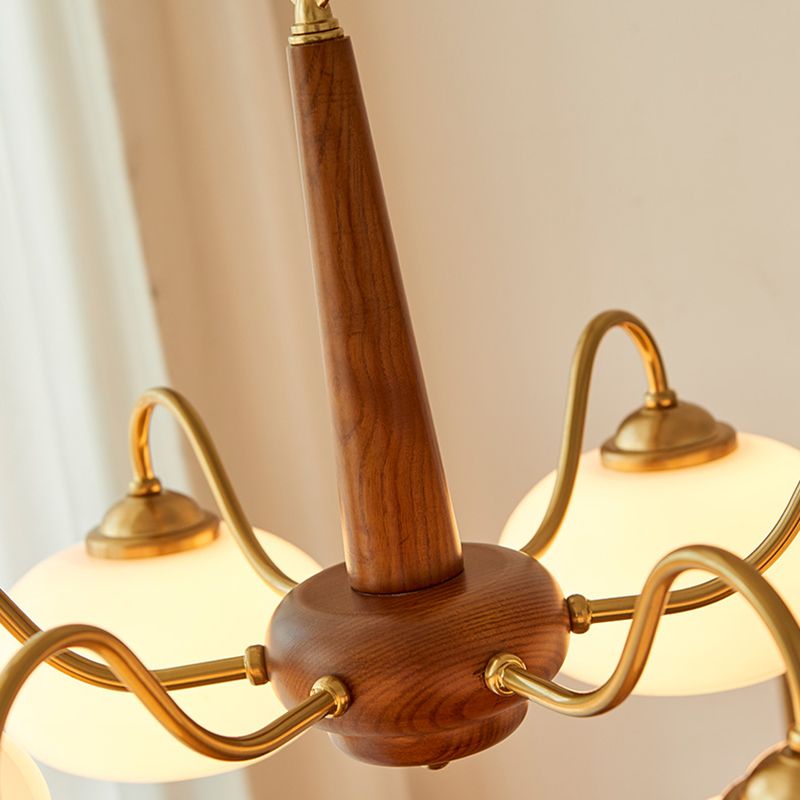 Contemporary Wood Sputnik Ceiling Pendant Glass Hanging Lights for Living Room