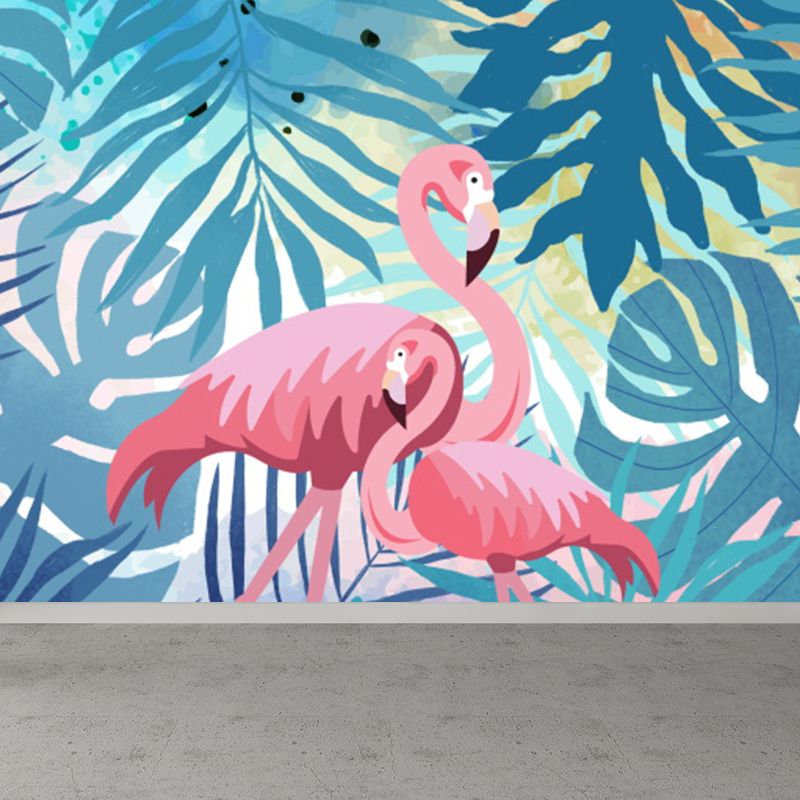 Illustration Flamingos and Leaves Mural for Living Room, Blue, Custom Size Available