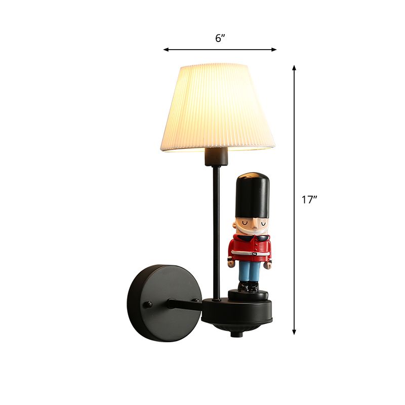 Pleated Fabric Tapered Wall Light Cartoon 1-Light Wall Sconce Lamp with Soldier Decoration in Black