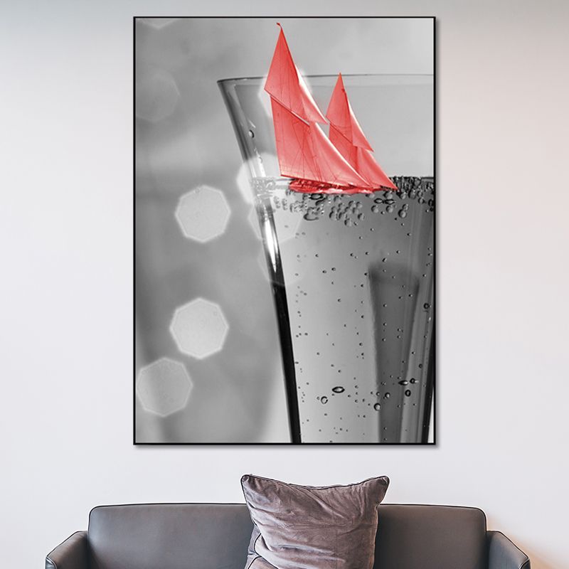 Mixed Media Wine Glass Art Print for Dining Room, Red and Grey, Textured Surface