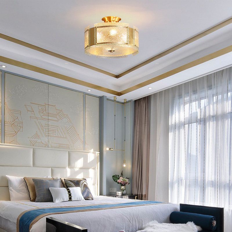 Brass Drum Semi Flush Mount Lamp Traditionary Textured Glass 4 Heads Ceiling Mounted Light for Living Room