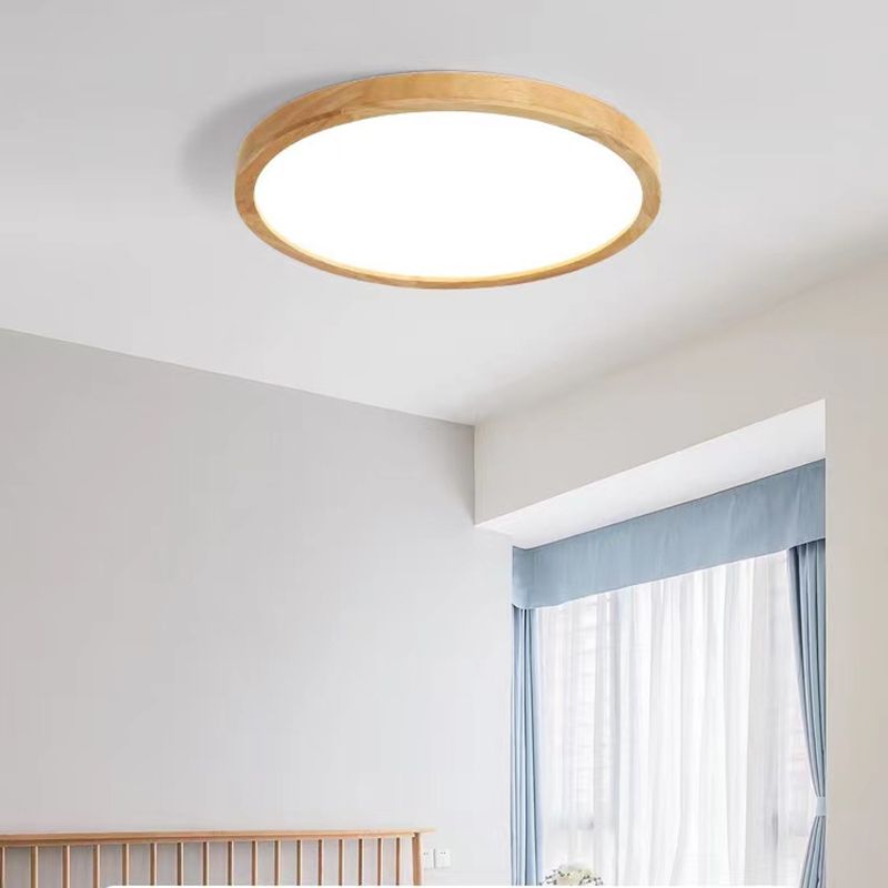 Round Shape Wood Flush Ceiling Light Modern 1 Light Flush Mount Light Fixture in Brown