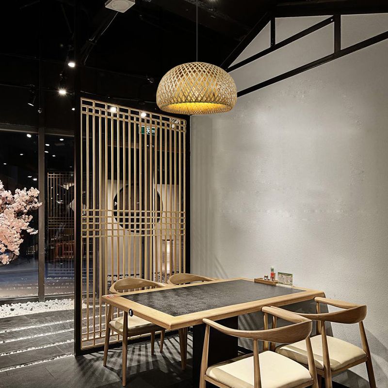 Hand Woven Hanging Light Countryside Rattan 7"/7.5" W 1 Bulb Beige Pendant Lamp with Dome Shade for Dining Room