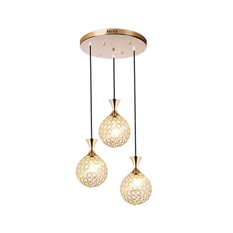 Globe Dinning Room Ceiling Lamp Minimal Crystal Encrusted 3/5 Bulbs Gold Multi Pendant Lighting Fixture