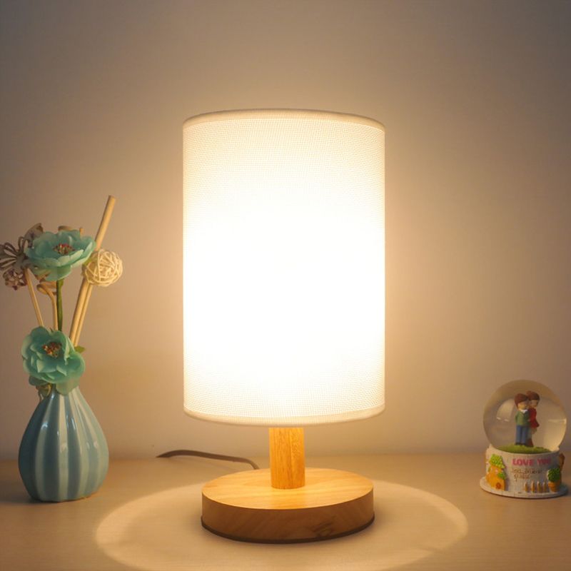 Attività del cilindro in tessuto illuminazione giapponese 1 lampada da lettura in lampadina in bianco/lino con base in legno