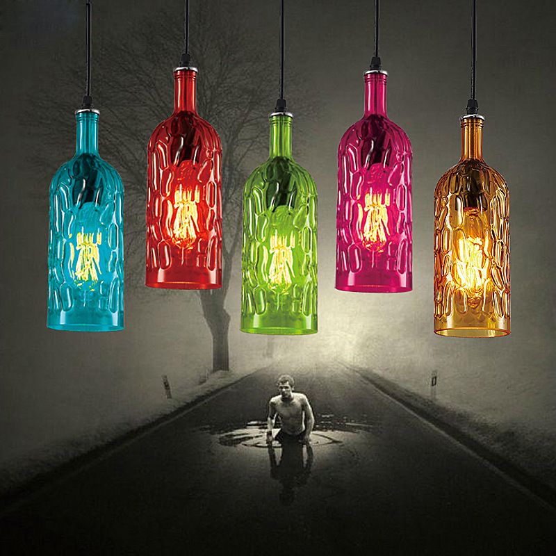 Vintage Art Deco Wijnfles Hangende lamp Golven Glas 1 Licht restaurant Down Lighting Pendant voor bar