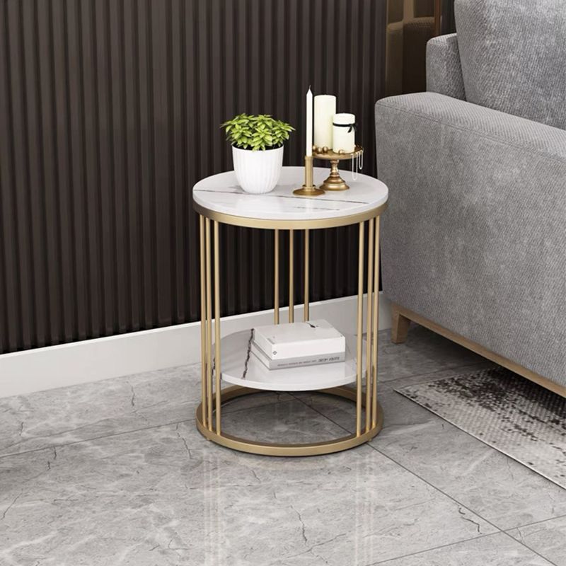 Frame-like Gold/black Metal Base Design Rock Sheet Top with Shelf Round Side Table