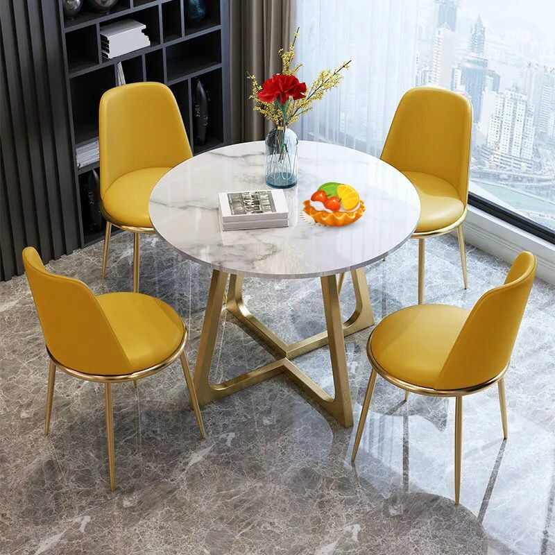 Sintered Stone Dining Table Traditional Luxury Round Table with Gold Frame