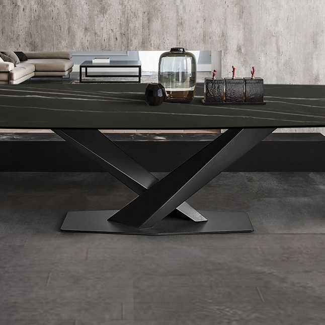 Sintered Stone Rectangle Dining Table Industrial Black Kitchen Table with Pedestal Base