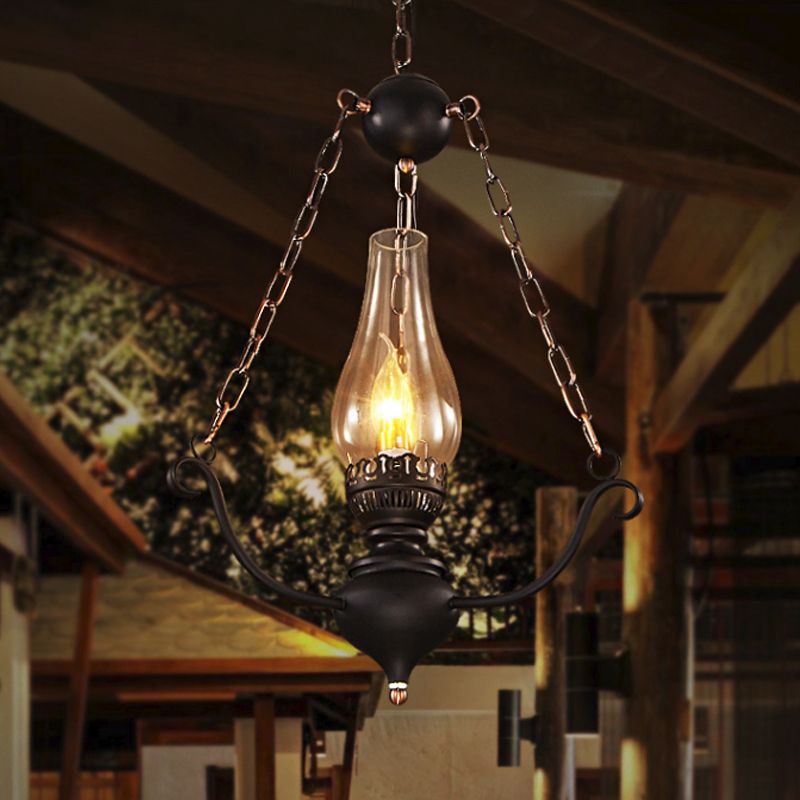 1-Head Ceiling Light Farmhouse Elongated Clear Glass Pendant Lamp Kit with Chain Decor in Black