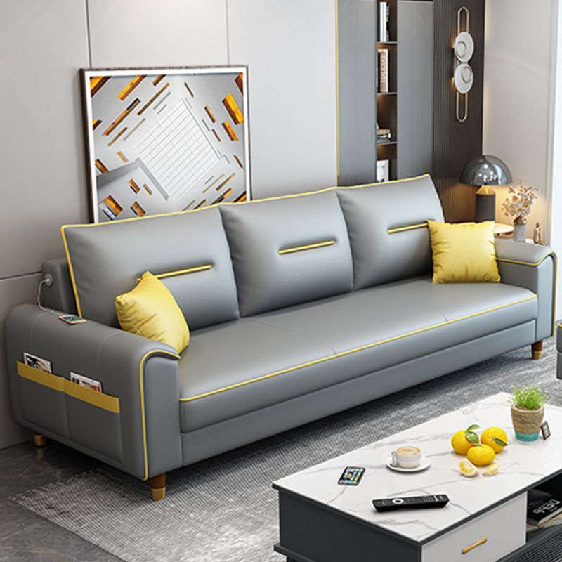 Nordic Leather Sofa with Bolster Pillows Single Cushion Seat Square Arm for Living Room