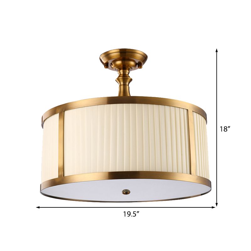 5 Lights Drum Semi Flush Lighting Traditional White Fabric Ceiling Mount for Living Room