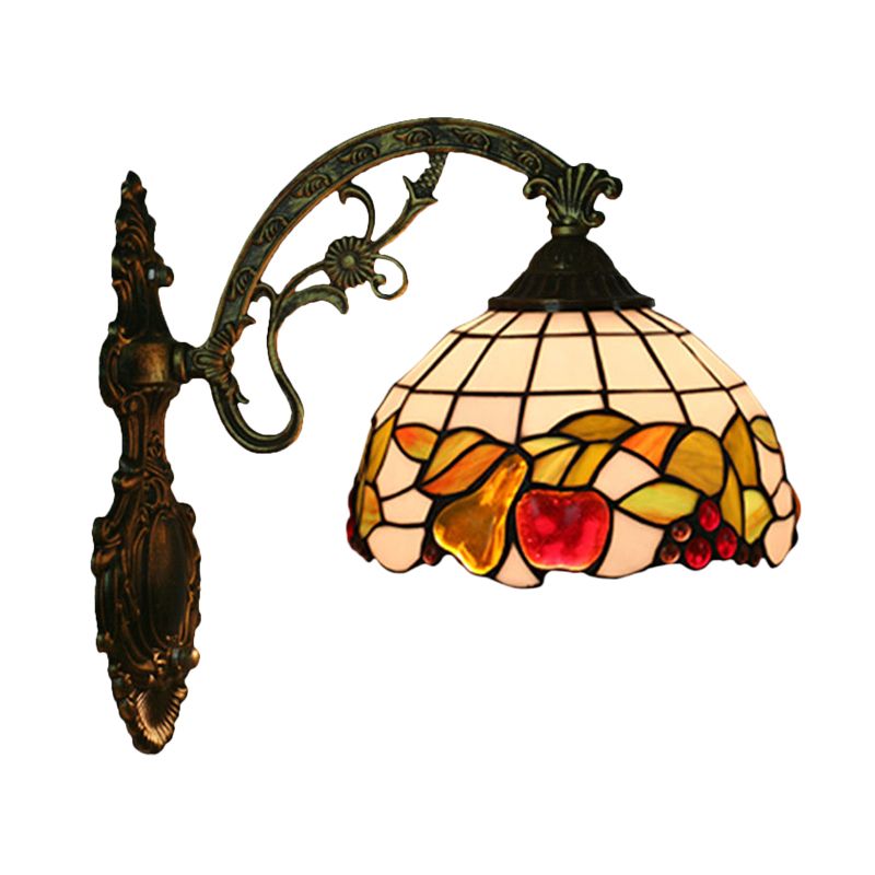 Bowl Shade Wall Mounted Lamp Tiffany Hand Cut Glass 1 Bulb Bronze Sconce Light Fixture with Fruit Pattern