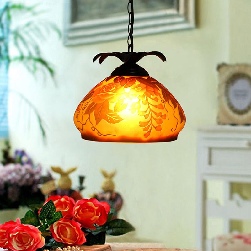 1 Light Pendulum Light Tiffany Tapered White/Yellow/Orange Glass Ceiling Pendant with Grape/Blossom Pattern