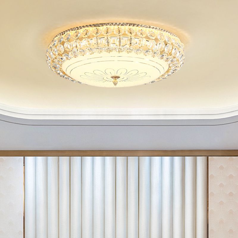 Lámpara empotrada de techo redonda LED de vidrio esmerilado contemporánea con cristal K9 en dorado, 12"/16" de ancho
