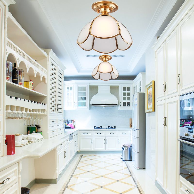 Dome Semi Flush Mount Tradition Opal Glass Brass 1 Bulb Ceiling Light Fixture for Bedroom