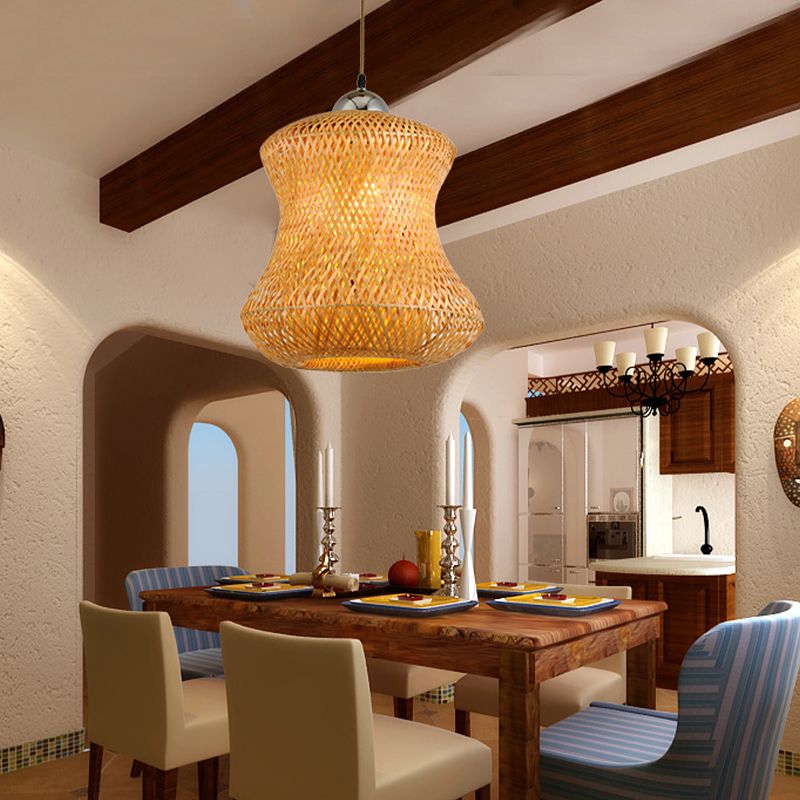 1 Bulb Tearoom Ceiling Light Asian Coffee Pendant Light Fixture with Handcrafted Bamboo Shade
