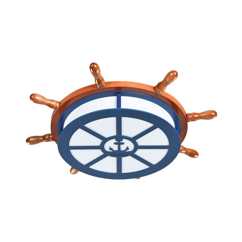 Rudder Flush Mount Lamp Kids Wooden LED Blue Ceiling Light Fixture for Boys Bedroom
