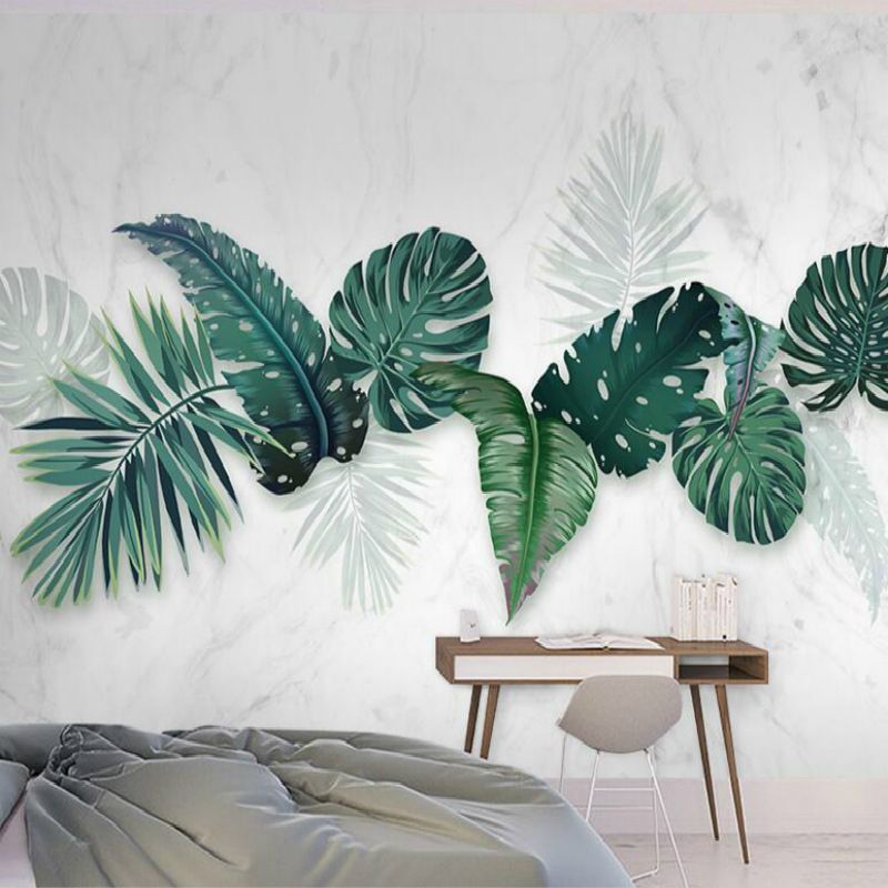 Tropical Banana Leaves Wallpaper Roll for Thai Restaurant, Green and White, Custom Size Available