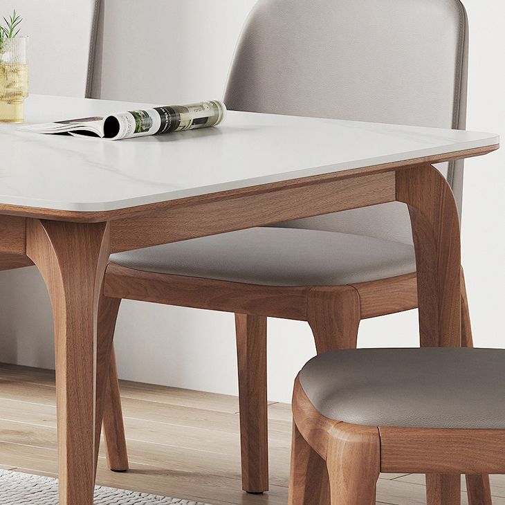 Modern Rectangular White Stone Top Dining Table with 4 Walnut Legs
