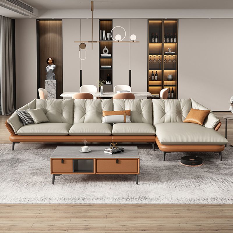 Tufted Genuine Leather Sectionals Flared Arm Beige Cushions Sectional Sofa