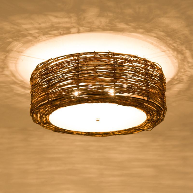 Luminaire de plafond encastré en rotin asiatique, tambour marron pour salle à manger