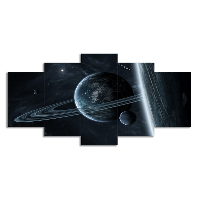 Cosmic Ringed Planet Canvas Wall Art Science Fiction Multi-Piece Wall Decor in Black