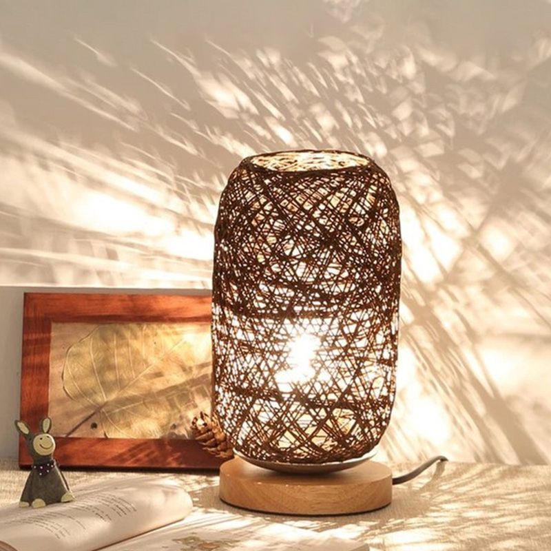 Bamboo Rattan Capsule Night Table Light Modern Asia 1-Light Beige/Coffee Nightstand Lamp