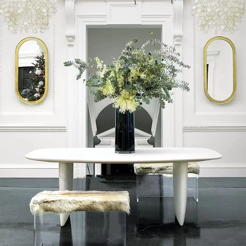 Rectangle White Indoor Dining Table Modern Dinette Table with Double Pedestal