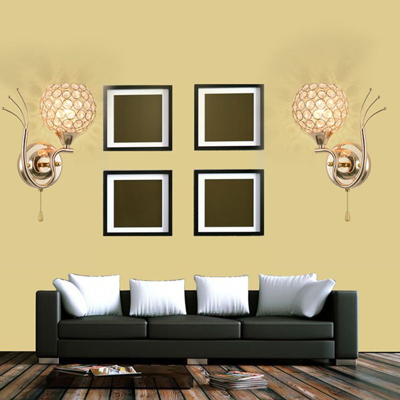 Modern Pull-Chain Wall Lamp Gold Global Wall Mounted Light with Crystal Shade