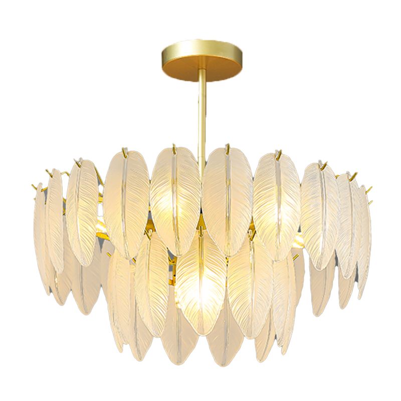 Gold Modern Metal Ceiling Light Feather Shape Island Lamp with Glass Shade for Living Room