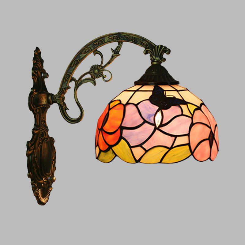 Single Butterfly and Peony Wall Sconce Tiffany Bronze Stained Glass Wall Mount Lamp