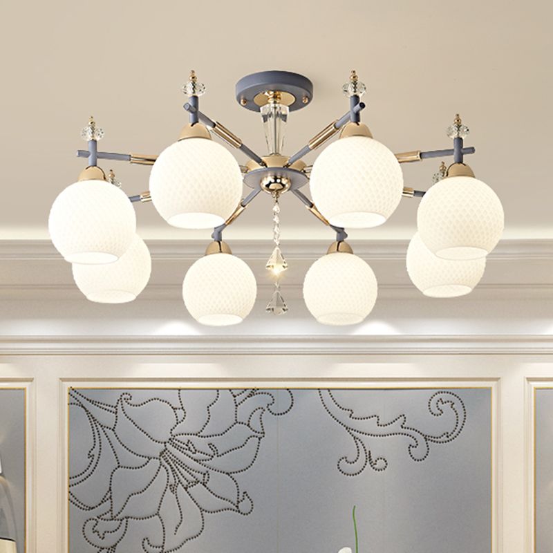 8 Bulbs Living Room Chandelier Light Modern Grey Pendant Lighting Fixture with Orb Milk Glass Shade