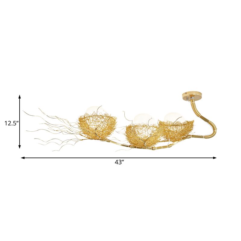 White Sphere Ceiling Chandelier Rustic 3 Lights Closed Glass Hanging Pendant Light with Gold Nest